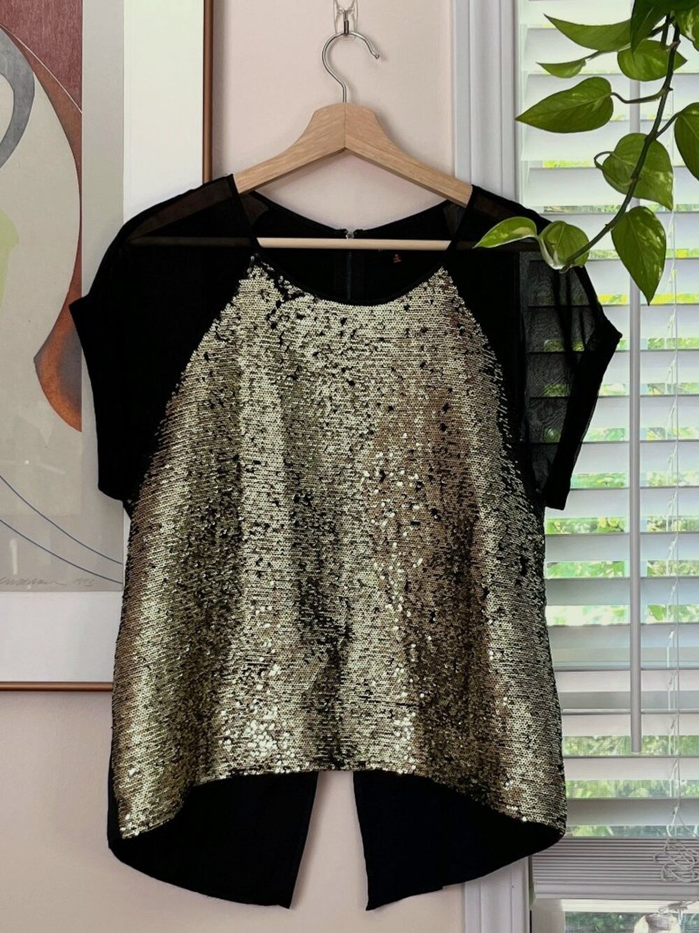 Gold Sequin Front Sheer Mesh Sleeve Party Top